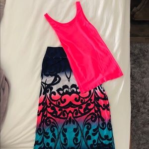 (M) Coral pink stretch top, (M) maxi skirt